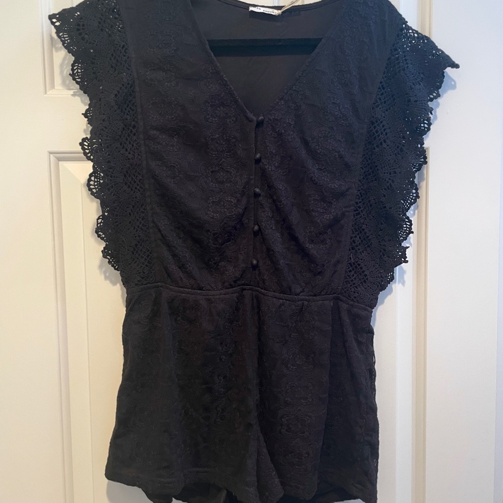 Black Print Romper with Statement Sleeves